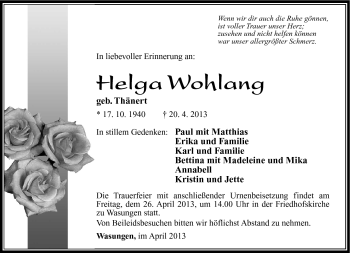 Traueranzeige von Helga Wohlang von Südthüringer Presse