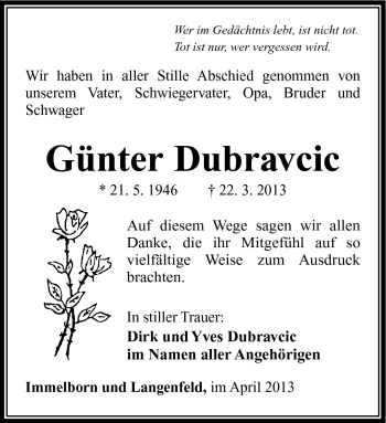 Traueranzeige von Günter Dubravcic von Südthüringer Presse