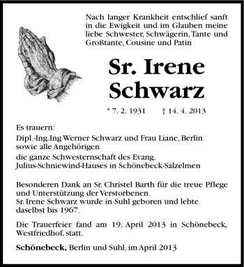 Traueranzeige von Irene Schwarz von Südthüringer Presse