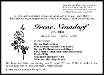 Traueranzeige von Irene Neundorf von Südthüringer Presse