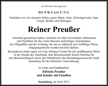Traueranzeige von Reiner Preußner von Südthüringer Presse