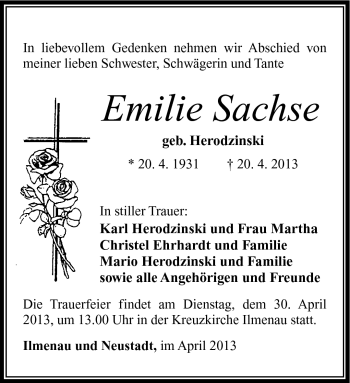 Traueranzeige von Emilie Sachse von Südthüringer Presse