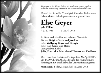 Traueranzeige von Else Geyer von Südthüringer Presse