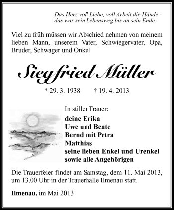 Traueranzeige von Siegfried Müller von Südthüringer Presse