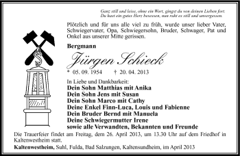 Traueranzeige von Jürgen Schieck von Südthüringer Presse