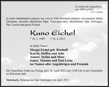 Traueranzeige von Kuno Eichel von Südthüringer Presse