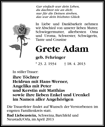 Traueranzeige von Grete Adam von Südthüringer Presse