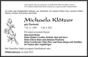 Traueranzeige von Michaela Klötzer von Südthüringer Presse