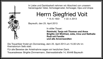 Traueranzeige von Siegfried Voit von Frankenpost