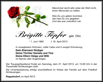 Traueranzeige von Brigitte Töpfer von Südthüringer Presse