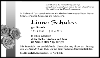 Traueranzeige von Liane Schulze von Südthüringer Presse