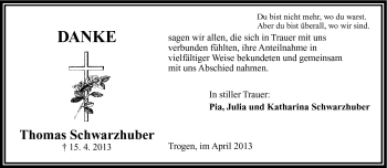 Traueranzeige von Thomas Schwarzhuber von Frankenpost
