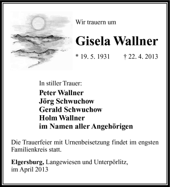 Traueranzeige von Gisela Wallner von Südthüringer Presse