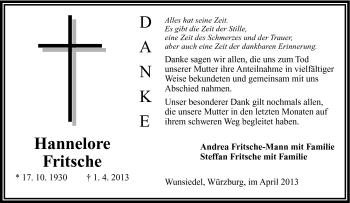Traueranzeige von Hannelore Fritsche von Frankenpost