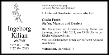 Traueranzeige von Ingeborg Kilian von Südthüringer Presse