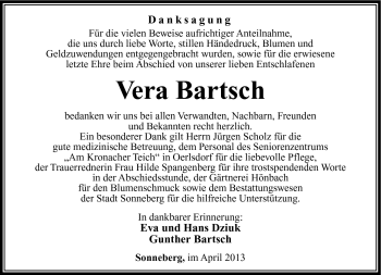Traueranzeige von Vera Bartsch von Südthüringer Presse