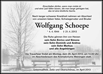 Traueranzeige von Wolfgang Schoepe von Südthüringer Presse