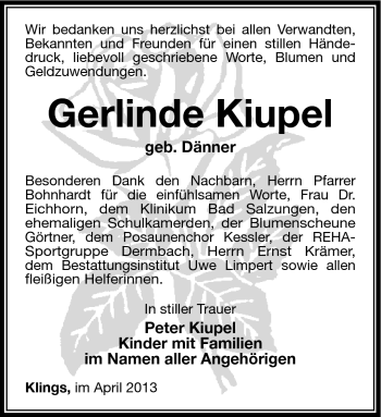 Traueranzeige von Gerlinde Kiupel von Südthüringer Presse
