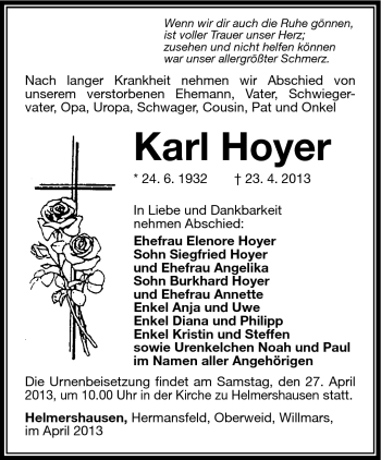Traueranzeige von Karl Hoyer von Südthüringer Presse