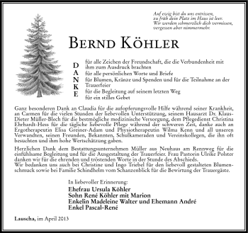 Traueranzeige von Bernd Köhler von Südthüringer Presse