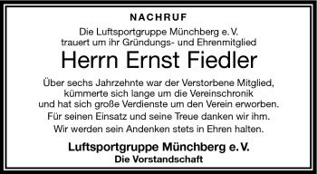 Traueranzeige von Ernst Fiedler von Frankenpost