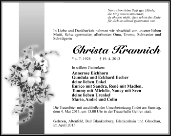 Traueranzeige von Christa Krannich von Südthüringer Presse