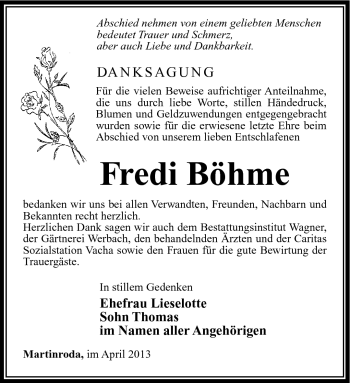 Traueranzeige von Fredi Böhme von Südthüringer Presse