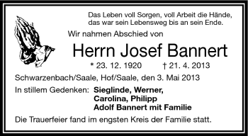 Traueranzeige von Josef Bannert von Frankenpost
