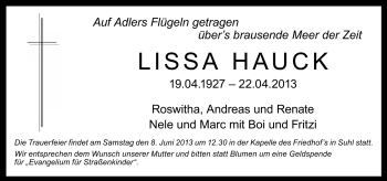 Traueranzeige von Lissa Hauck von Südthüringer Presse
