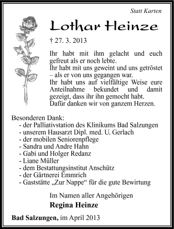 Traueranzeige von Lothar Heinze von Südthüringer Presse