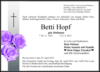 Traueranzeige von Betti Hopf von Neue Presse Coburg