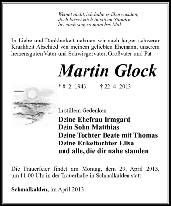 Traueranzeige von Martin Glock von Südthüringer Presse