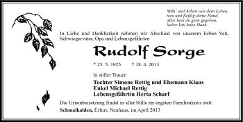 Traueranzeige von Rudolf Sorge von Südthüringer Presse