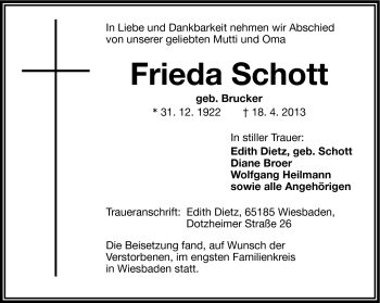 Traueranzeige von Frieda Schott von Frankenpost
