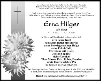 Traueranzeige von Erna Hilger von Südthüringer Presse