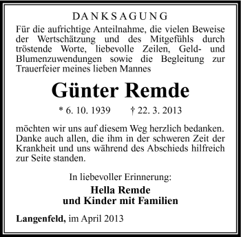 Traueranzeige von Günter Remde von Südthüringer Presse