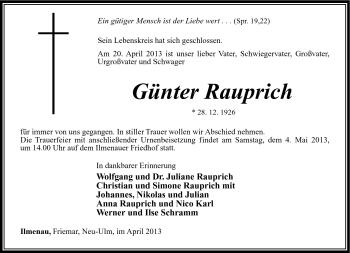 Traueranzeige von Günter Rauprich von Südthüringer Presse
