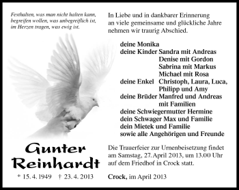 Traueranzeige von Gunter Reinhardt von Südthüringer Presse