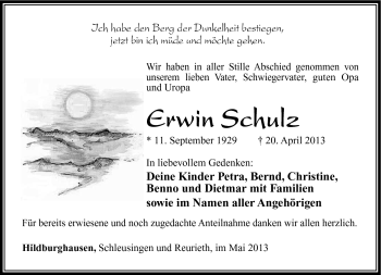 Traueranzeige von Erwin Schulz von Südthüringer Presse