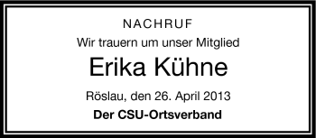 Traueranzeige von Erika Kühne von Frankenpost