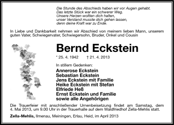 Traueranzeige von Bernd Eckstein von Südthüringer Presse