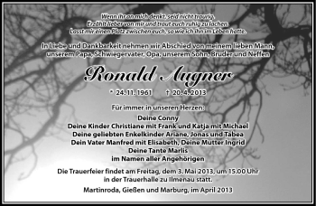 Traueranzeige von Roland Augner von Südthüringer Presse