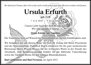 Traueranzeige von Ursula Erfurth von Südthüringer Presse