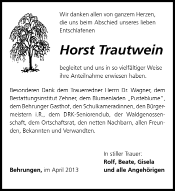 Traueranzeige von Horst Trautwein von Südthüringer Presse