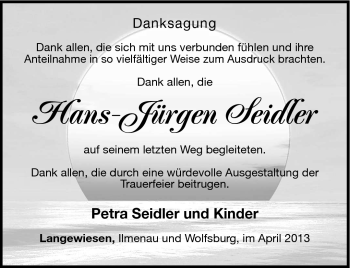 Traueranzeige von Hans-Jürgen Seidler von Südthüringer Presse