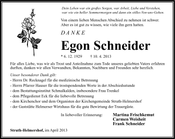 Traueranzeige von Egon Schneider von Südthüringer Presse