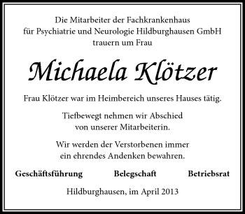 Traueranzeige von Michaela Klötzer von Südthüringer Presse