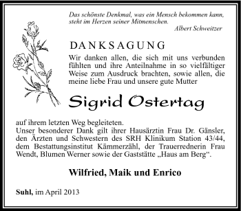 Traueranzeige von Sigrid Ostertag von Südthüringer Presse