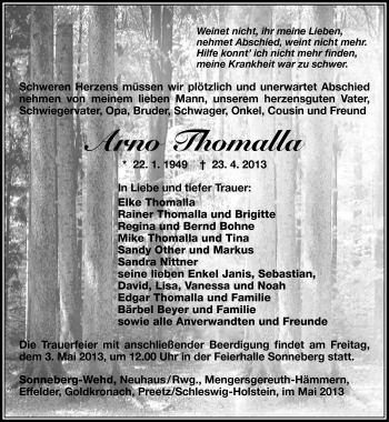 Traueranzeige von Arno Thomalla von Südthüringer Presse