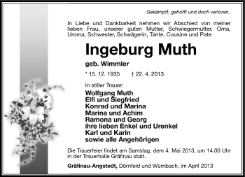 Traueranzeige von Ingeburg Muth von Südthüringer Presse